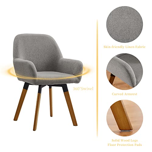 Art Leon Dining Chairs Set Of 4, Mid Century Modern Accent Chair, Linen Fabric Upholstered Kitchen Dining Room Chairs, Swivel Side Arm Chair With Solid Wood Legs, Gray #TOP2