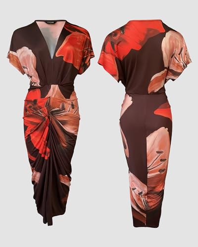 Image of CHICME Summer Dresses for Women Floral Print Plunge V Neck Midi Dress Casual Ruched Slit Bodycon Party Dress
