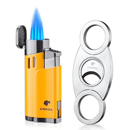 Cigar Lighters and Cutter Set with Butane Refillable Four Jet Flame Lighters Sharpening Blade Cigar Guillotine Windproof Lighter Torch Yellow
