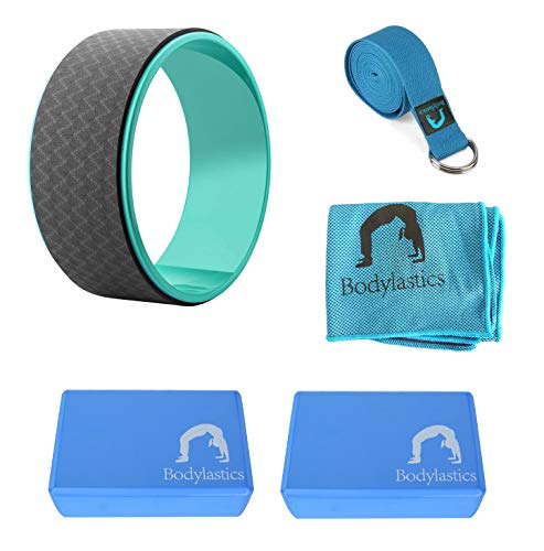 Bodylastics 13" Yoga Wheel with 2 Yoga Blocks, 6ft Stretching Strap with D-Ring & Cooling Towel for Women and Men Sweat Resistant Eco-Friendly