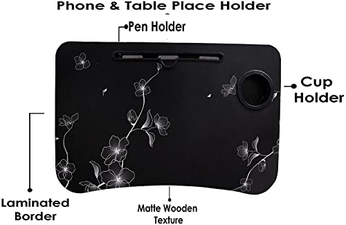 Image of Engineered Wood Multipurpose Foldable Laptop Table with Cup Holder | Table Home Study Writing Table, Foldable and Portable /Ergonomic Edges (Black FLOWERRR)