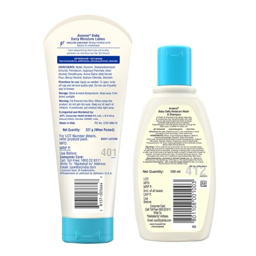 Image of Combo pack Aveeno Baby Daily Moisture Lotion (227g) + Wash and Shampoo (100ml) | With natural oat extract | Hypoallergenic, pediatrician recommended | Cleanses, nourishes, soothes & protects baby's sensitive skin