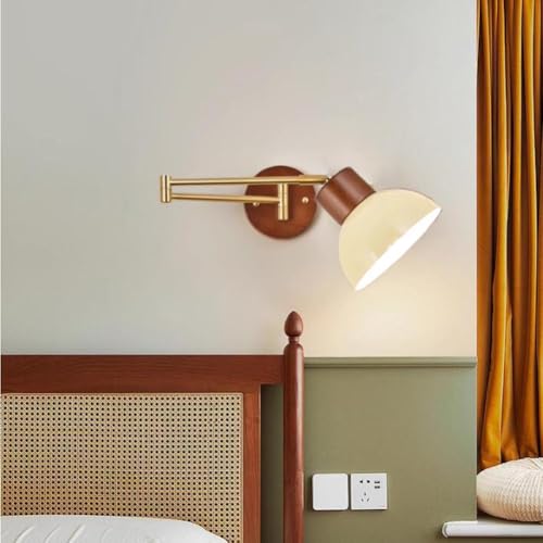 LOGT Lampa Ścienna z Obrotowym Ramieniem Regulowane Długie Ramię Wewnętrzna Lampka Ścienna Drewno Vintage Łóżkowa Lampka Nocna Z Przegubowym Ramieniem Regulowana Ścienna Lampka Do Czytania Retro