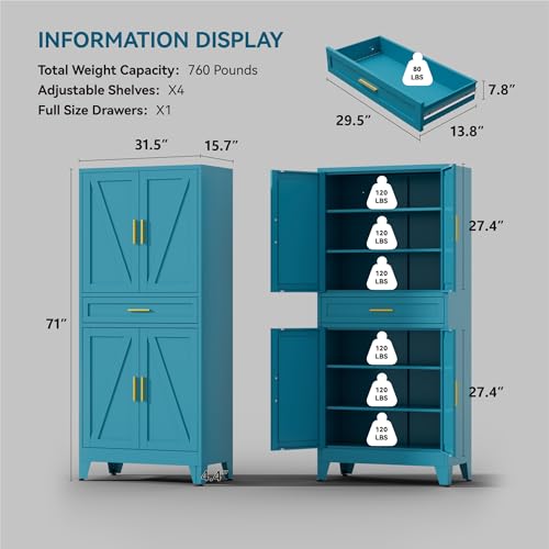 Image of 71 inch Tall Farmhouse Pantry Cabinet,Metal Cabinet with Adjustable Shelves and Doors,Storage Cabinet for Kitchen Garage,Blue 1 Pack