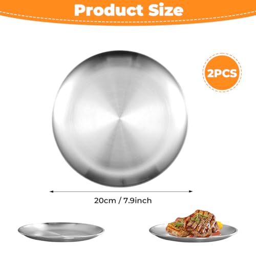 2 Stück Edelstahl Rundes Geschirr, Φ20cm Camping Teller Edelstahl, Spülmaschinenfest, Edelstahlteller, Unbreakable, Metallteller, Stainless Steel Plates für Esszimmer, Picknick, Camping, Küche, Party