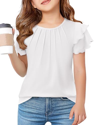 Image of Arshiner Girls T Shirts Ruffle Short Sleeve Summer Pleated Crewneck Casual Tops Tees Blouses