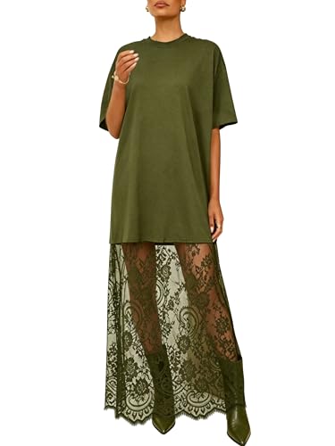 miduo Womens Summer Fashion 2026 Solid Short Sleeve Crewneck Lace Patchwork Maxi Dress Casual Vacation Long Dresses Shift Dress Army Green L