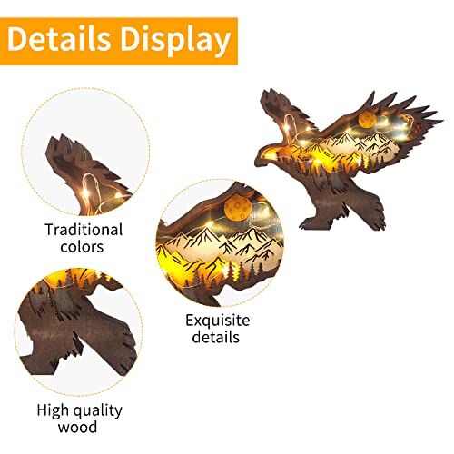 Azuraokey 3D Eagle Crafts Statue, Wooden Creative Forest Animal Decor With Light, Hand Carved Creative Silhouette Home Decor Accents Sculptures For Wall Desktop Shelf (Eagle) #TOP3