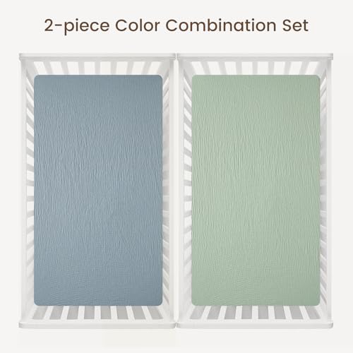 Image of david's kids Muslin Crib Sheets for Boys Girls, 2 Pack 100% Cotton Soft Breathable Fitted Baby Neutral Sheet Set, Standard 52 inchx28 inch Crib and Toddler Mattress, Sage Green & Dusty Blue