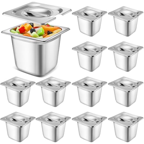 Maxcheck 12 Pcs Stainless Steel Hotel Pan with Lids 1/6 Size Chafing Steam Table Pan Catering Pans with Notched Cover Commercial Stackable Metal Steamer Pan for Buffet Party Storage Food (5.9 Inch)