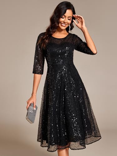 Ever-Pretty Women's Round Neck 3/4 Sleeves Formal Dresses Sequin A Line Midi Wedding Guest Dress 022414