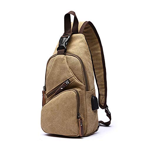 FANDARE Nuovo Monospalla Uomo Borsa di tela Zaino Monospalla Borsello da Uomo con USB Borsa a Tracolla Borsa Sportiva Sling Bag,Ciclo/viaggio/campeggio Cachi