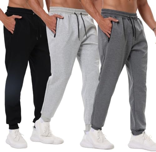 Bsrpolry 3 Pack Men's Sports Pants with Zip Pockets Gym Workout Pants for Running Jogging Black/Light Grey/Dark Grey, XXL