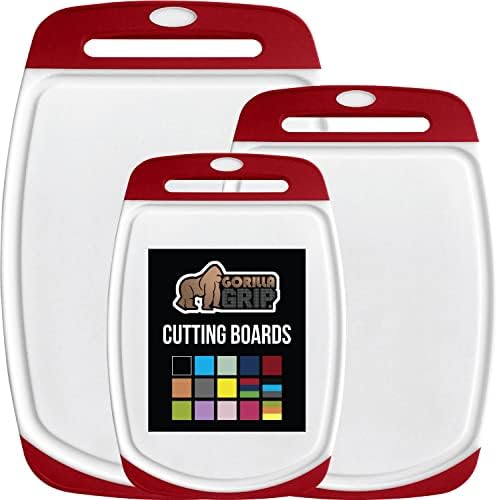 GORILLA GRIP 100% BPA-Free Reversible Kitchen Cutting Board Set of 3, Nonporous, Juice Grooves to Catch Liquid, Slip Resistant Handle Border, Dishwasher Safe, Durable Large Food Chopping Boards, Red