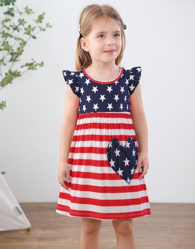 Baby Girls 4th of July Dress Kids American Flag Patriotic Stars Striped Dresses Toddler Independence Day Outfits 1-8 Years2
