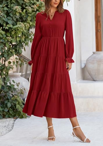 PRETTYGARDEN Long Sleeve Dress for Women 2025 Fall V Neck Tiered Aline Spring Elegant Modest Flowy Wedding Guest Maxi Dresses