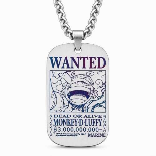 Image of Weeb Keychains One Piece Necklace with WANTED Dog Tag & Titanium Chain, Premium Monkey D. Luffy One Piece Merch, Gear 5 Bounty Necklace, Anime Gifts for Men