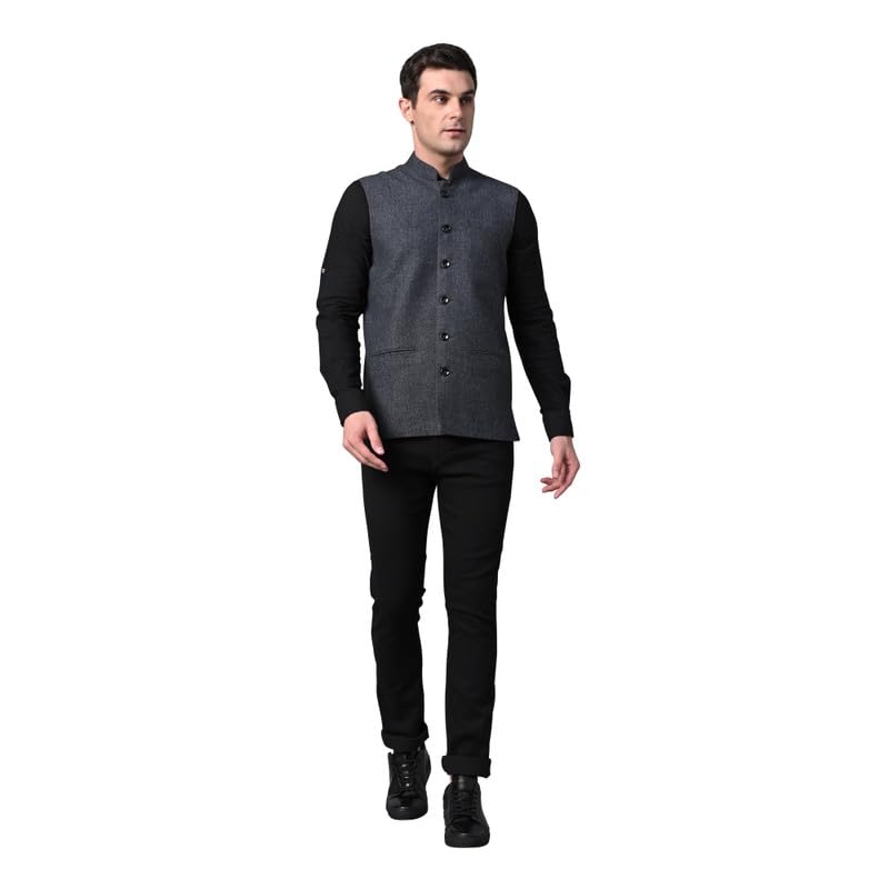 Image of Vastraa Fusion Men's Grey & Red Chequered Woolen Blended Festive Nehru Jacket /Waistcoat (VASTRAAVS4405D-38)