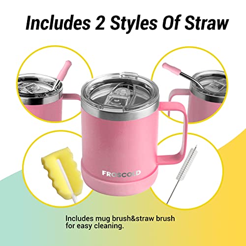 Froscold Insulated Coffee Mug With Lid & Straw, 12Oz Double Wall Camping Mug Tumbler With Handle, Reusable Stainless Steel Travel Coffee Mug, Thermal Coffee Cup For Outdoor, Office, Gift (Pink) #TOP4