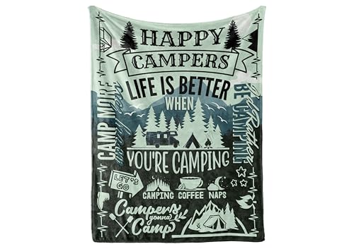 Camping Gifts for Men, Women, Flannel Throw Blanket - 50" x 65", Happy