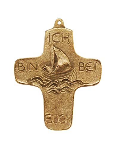 Modernes Kommunionkreuz mit Schiff und Spruch »Ich bin bei euch«, 9,5 x 7,5 cm, Bronzekreuz, Kreuz für Kinderzimmer zum Hängen Cover