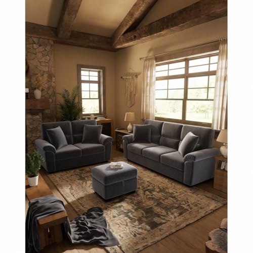 Image of Anderson Fabric 3+2 Seater Sofa with Table | Sofa Set 5 Seater with Ottoman | 5 Seater Sofa Set for Living Room Office Festival Gifts | (Dark Grey Fabric, 3+2 Seater with Ottoman)