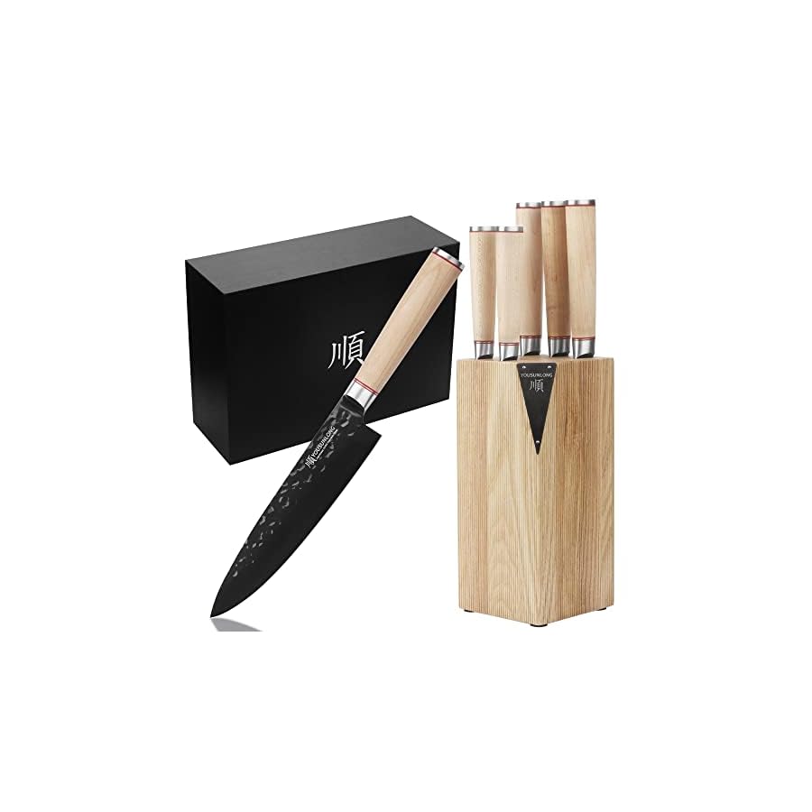 YOUSUNLONG-Knife-Block-Sets-5-Piece-Chef-Knife-Set-Japanese-AUS8-Steel-Black-Titanium-Natural-Fraxinus-Americana-Wood-Knife-Holder-Canadian-Maple-Wood-Handle-With-Gift-Box YOUSUNLONG Knife Block Sets - 5 Piece Chef Knife Set - Japanese AUS8 Steel Black Titanium - Natural Fraxinus Americana Wood Knife Holder - Canadian Maple Wood Handle - With Gift Box