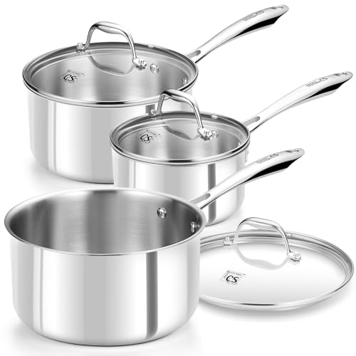 Image of KOCH SYSTEME CS Triply Stainless Steel Saucepan Set, 1QT & 2QT & 3QT Stainless Steel Pot Set with lid, Diswasher & Oven Safe, Induction Compatible Pot, 6PCS