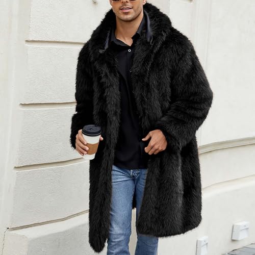 Men's Faux Fur Coat Long Open Front Cardigan Winter Fuzzy Fleece Jacket Warm Overcoat Turn Down Collar Coat3
