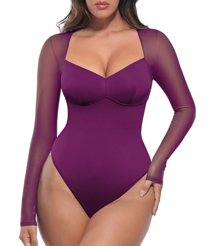 FeelinGirl Long Sleeve Body Suit for Women - Plus Size Mesh Sheer BodySuits Top Going Out Outfits for Party, Purple, XL