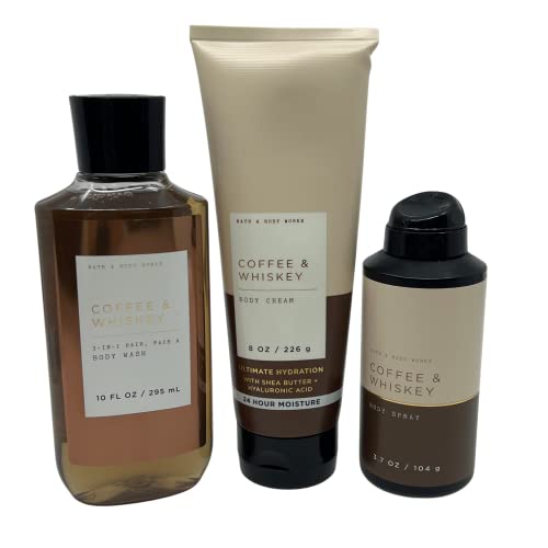 Coffee & Whiskey – For Men - 3 pc Bundle - 3-in-1 Hair, Face & Body Wash, Deodorizing Body Spray and Ultimate Hydration Body Cream – 2022