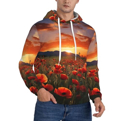 Men's Fleece Pullover Hoodie Long Sleeve Hooded Red Poppy Flower Field in Sunset Sweatshirt Casual Shirts With Pockets