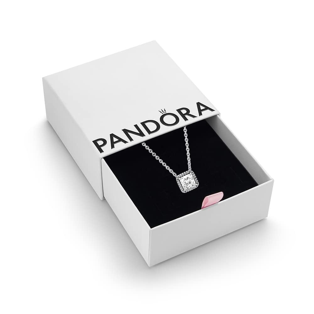 Timeless Women's Sterling Silver Square Sparkle Halo Cubic Zirconia Pendant Necklace, 45cm, With Gift Box