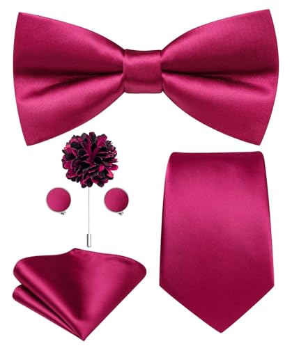 Image of Hi-Tie 5Pcs Mens Solid Color Silk Tie Satin Pretied Bowtie Lapel Pin for Men Handkerchief Cufflink Wedding Gift Box