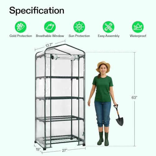 Image of VIVOSUN Mini 4-Tier Greenhouse with Wheels, 27 x 19 x 63-Inch Reusable Portable Warm House with Clear PVC Cover and Shelf for Compact Garden and Small Backyards, with Wheels