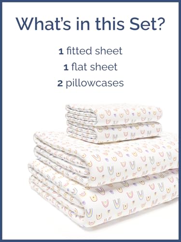 Image of Kids King Size Rainbows Bed Sheets - 4 Piece Kids Rainbows Sheet Set | Rainbows Themed Bedding, Ultra-Soft, Cute & Cozy, Breathable & Machine Washable, Bed Set for Boys, Girls & Teens, Breathable