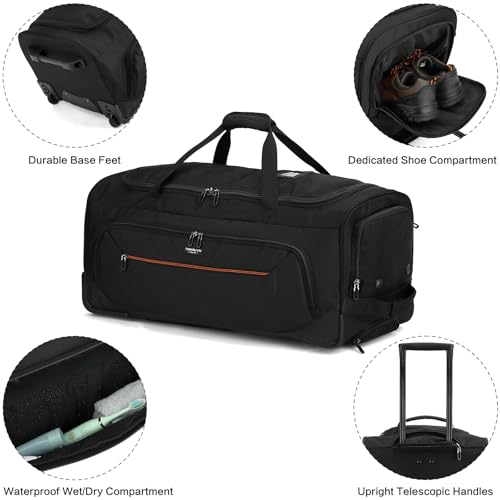 Image of Large Rolling Duffle Bag with Wheels and Handle 85L 29 inch Travel Duffel Bag for Men Women with Shoe Compartment & Wet Pocket, 2 Wheeled Checked Luggage for Business Travel Long Trips, Black