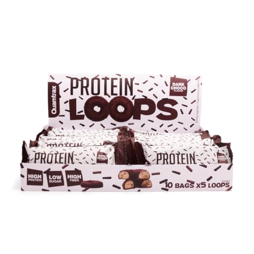 Quamtrax Nutrition - Protein LOOPS - Caja de 10 uds - Sabor Dark Choco - Snack proteico, sin azúcares añadidos y crujiente.