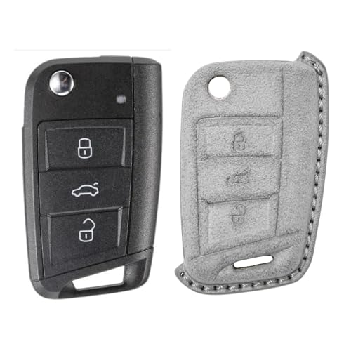 Image of KMH Alcantara Car Key Cover Compatible with Volkswagen Polo Vento Jetta Ameo Passat and Skoda Rapid Laura Superb Octavia Fabia Yeti 3 Button Shell Case Holder Smart Keycover (D1) Grey - Pack of 1