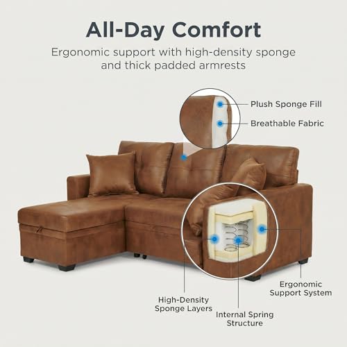 Image of 71 inch Brown Convertible Sofa Bed, L-Shaped Pull Out Couch with Storage Chaise | TYBOATLE, Sleeper Sofa Bed, Pull Out Couch Bed, Reversible Storage Chaise, Linen Fabric, Living Room, Apartment, Guest Room
