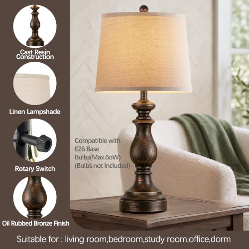 Image of PARTPHONER Traditional Table Lamp Set of 2, Rustic Farmhouse Table Lamps for Living Room Bedroom, 27 inch Bedside Desk Lamps Vintage Nightstand Lamps with Linen Shades, Oil Rubbed Bronze