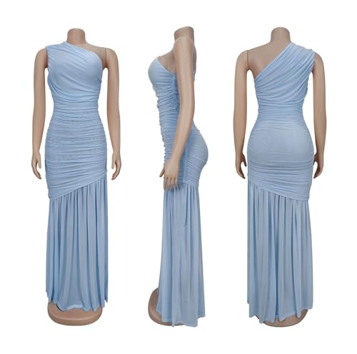 Yuopeid Women's Sexy One Shoulder Long Dress Bodycon Ruched Solid Color Prom Evening Party Cocktail Maxi Dress3