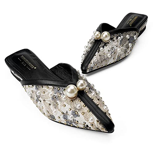 Hxlber Women's Mules Rhinestone Pointed Toe Flat Mule Shoes Pearl Backless Slides Comfortable Slip On Mules Womens Loafer Mules And Slides Black Size 7.5 #TOP2