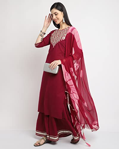 Image of Rajnandini Women's Cambric Cotton Solid Pure Embroidered Kurta Set With Dupatta