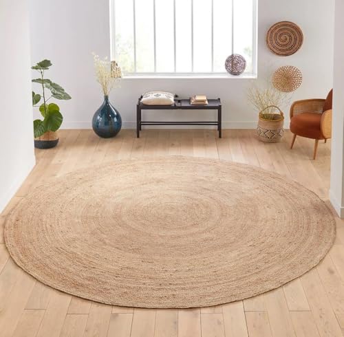 FRELISH DECOR Handwoven Jute Area Rug - 6 feet Round - Natural Yarn - Rustic Vintage Beige Braided...