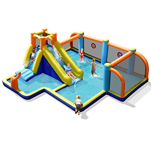 HONEY JOY Inflatable Water Slide, 7-in-1 Long Slide Giant Water Park Wet Dry Combo with Water Soccer Splash Pool, Climbing Wall, Dual Water Cannon, Water Slides Inflatable for Kids (without Blower)