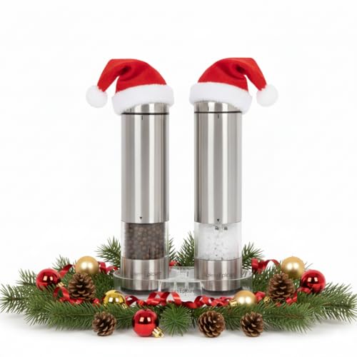 Latent Epicure Electric Salt & Pepper Grinder Set – Battery Operated Stainless-Steel Mills & Shakers with Light, Adjustable Ceramic Grinders & Acrylic Rest Tray
