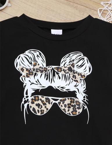 Image of Toddler Girl Clothes Long Sleeve Cartoon & Letter Graphic Top + Fruit Stationery Print Flared Leg Pants