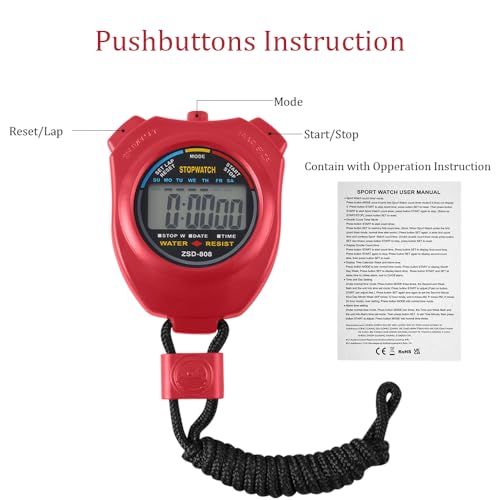 Vicloon Digital Cronómetro con Silbato de Acero Inoxidable - LCD Deporte Cronómetro para Fútbol,Baloncesto,Correr,Natación,Fitness y Más(Rojo) - Imagen 4