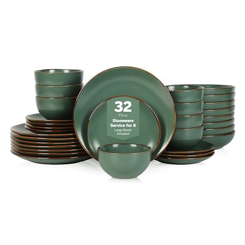 Image of Stone Lain Brasa Stoneware 32 Piece Modern Dinnerware Sets, Plates and Bowls, Service for 8, Green, Microwave & Dishwasher Safe